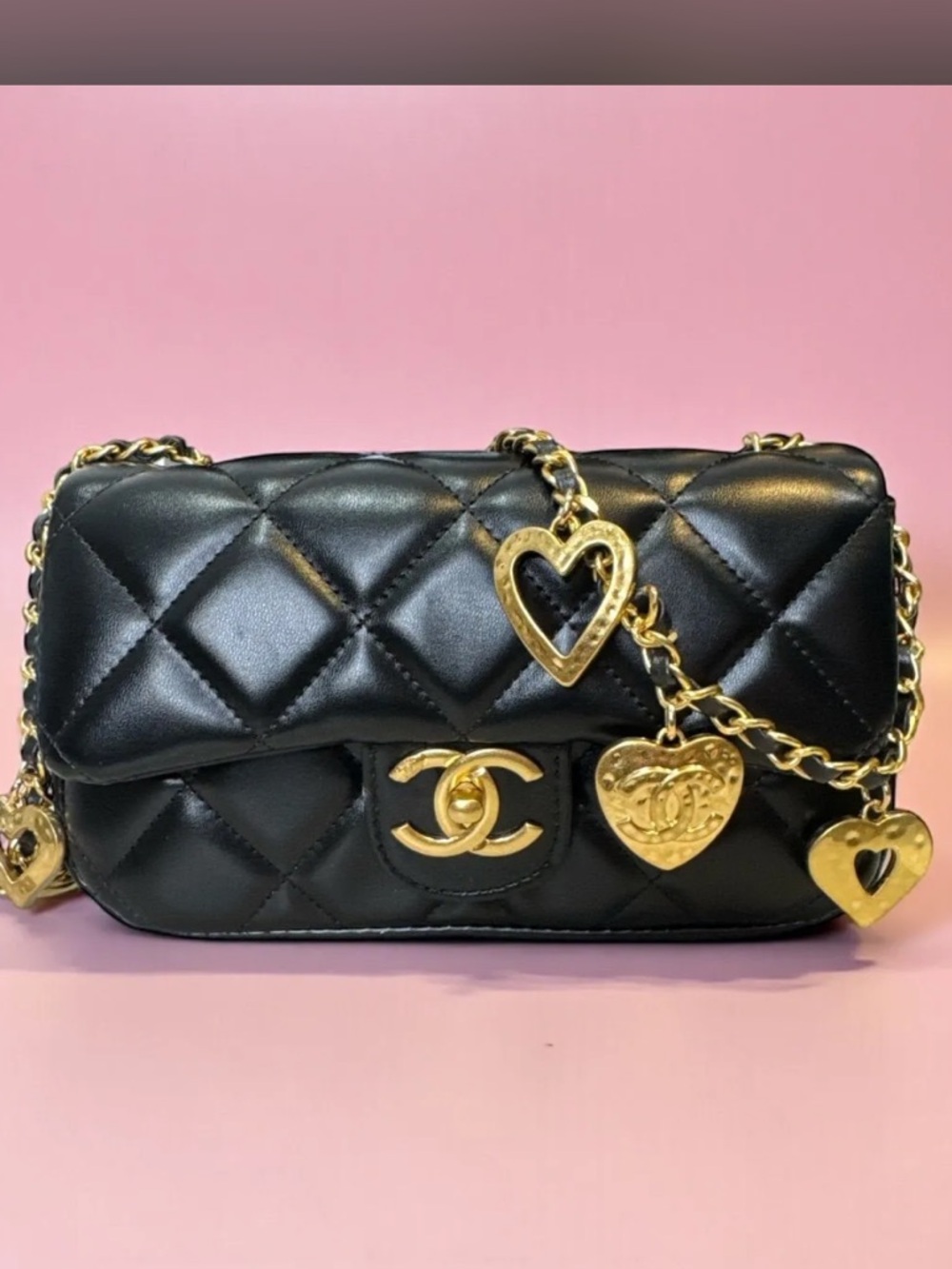 GWP-CHANEL Black Quilted Leather Crossbody with Gold Heart Charms